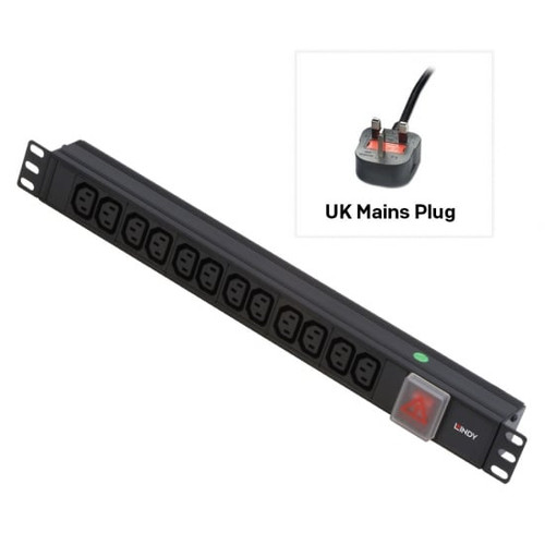 1U 12 Way IEC Sockets, Horizontal PDU with UK Mains Plug