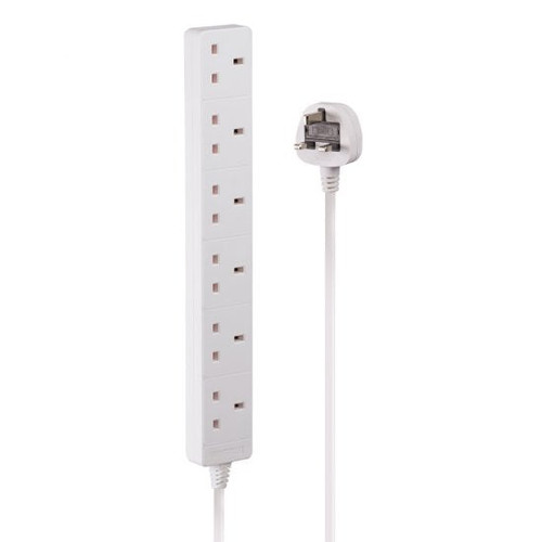 2m 6-Way UK Mains Power Extension, White