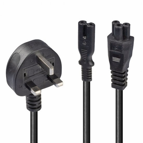 2.5m UK 3 Pin Plug to IEC C5 and IEC C7 Splitter Extension Cable, Black