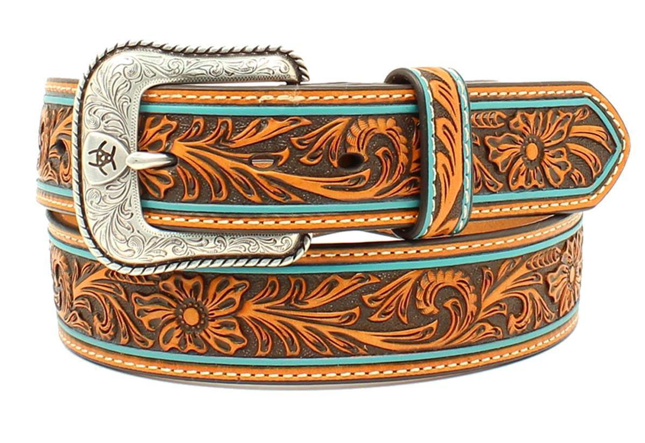 Men's Tan Floral Embossed Turquoise Edge Leather Belt - Option