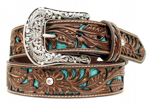 Women's Brown Western Belt with Turquoise Inlay