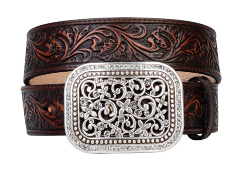Women's Dark Brown Western Belt with Rhinestone Fillagree 