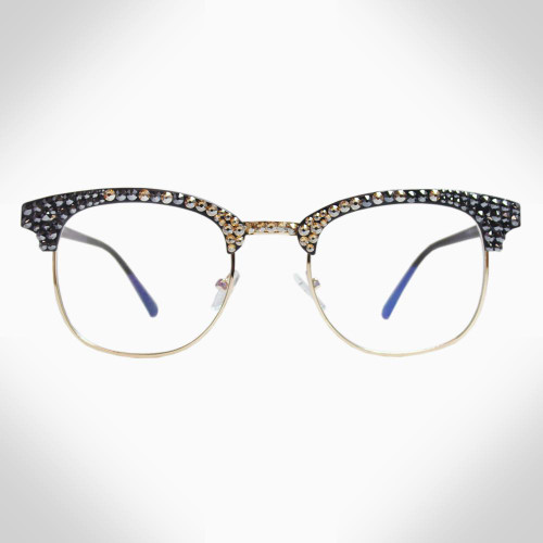 Women's Black and Gold Swarovski Crystal Blue Light Blocking Eyeglasses