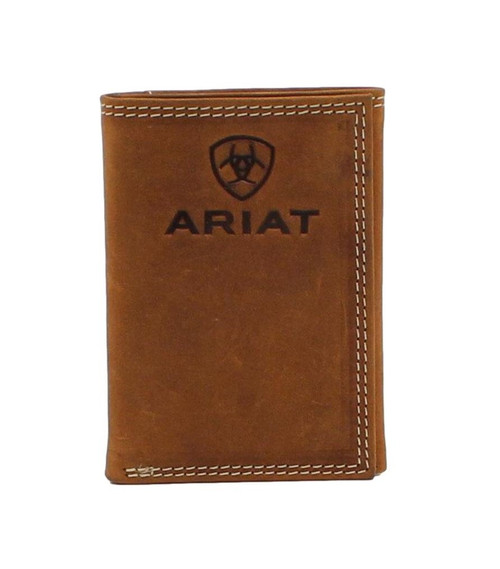 Men's Smooth Brown Leather Trifold Wallet with Embossed Logo