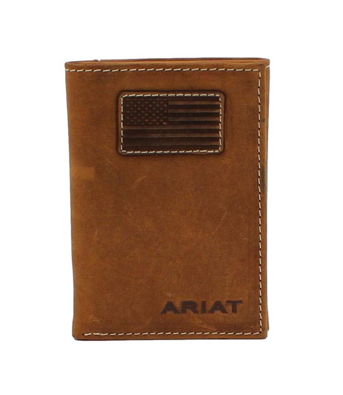 Men's Smooth Brown Leather Trifold Wallet with USA Flag Patch