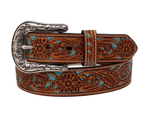 Women's Tan Western Belt with Turquoise Underlay