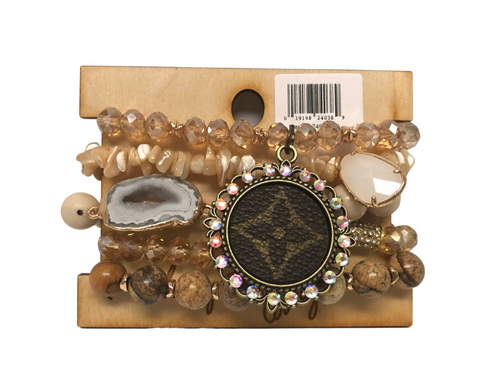 Stacked Beaded Bracelets in Creams and Beige with Genuine Upcycled Designer Medallion