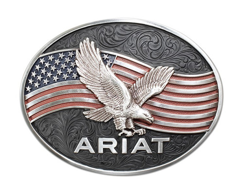 Men's Antique Silver and Black Oval Belt Buckle with Eagle and Flag