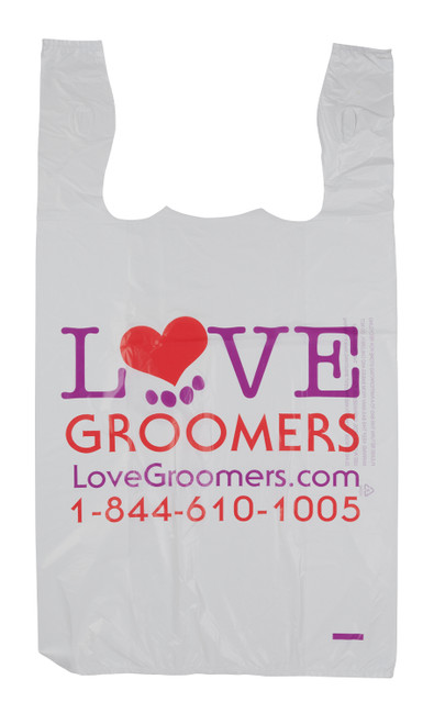 Large White Love Groomers T-Shirt Bags - Case of 500 Zoomable Image
