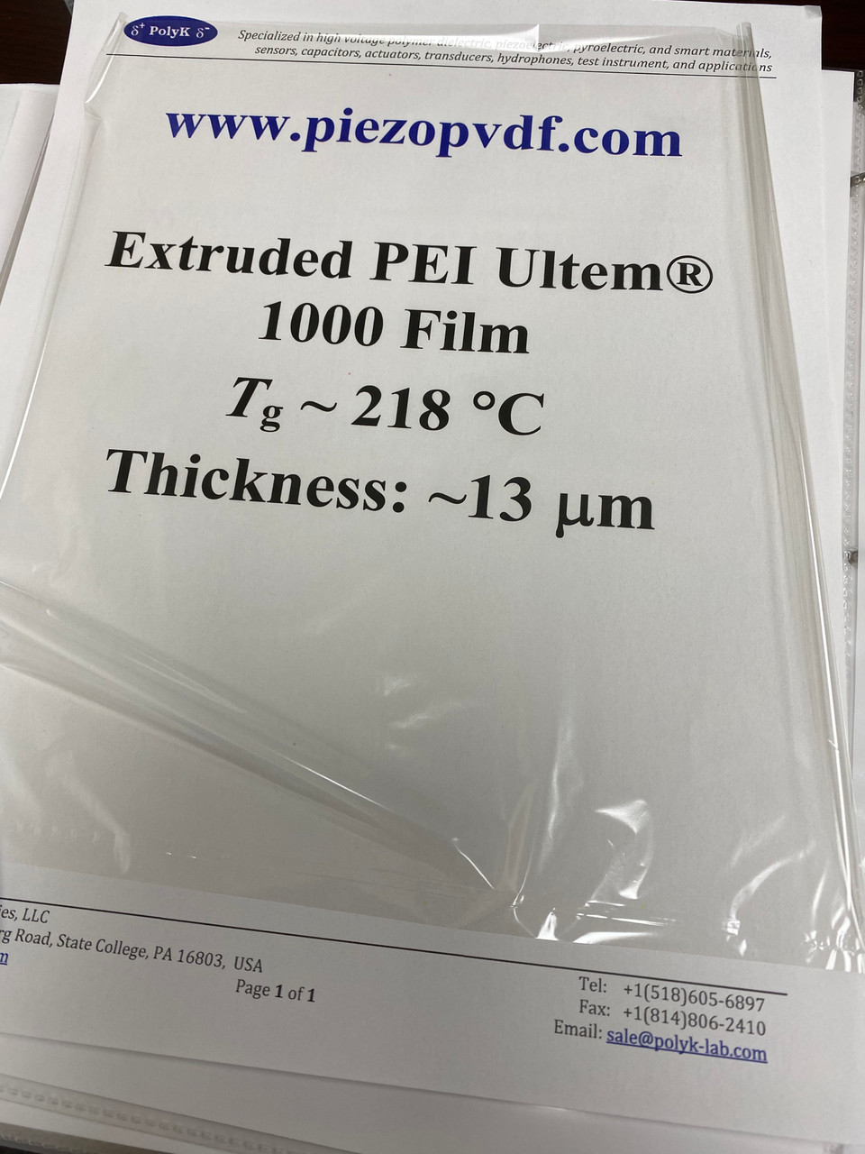 Ultrathin Ultem 1000 polyetherimide PEI ~5-250 um thick extruded film