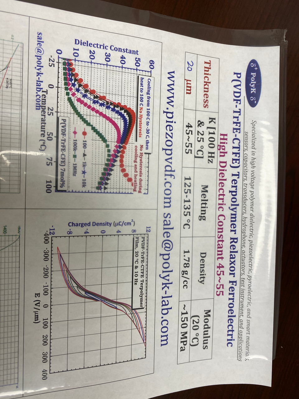 P(VDF-TrFE-CTFE) Terpolymer film, Relaxor Ferroelectric Ferrorelaxor 4 um to 30 um thick, High Dielectric Constant of 50