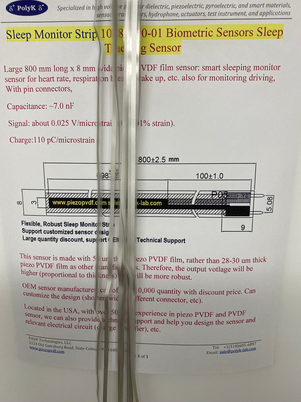 Piezo PVDF, Sleeping Sensor, OEM, Sleep Monitor Strip 10184000-01