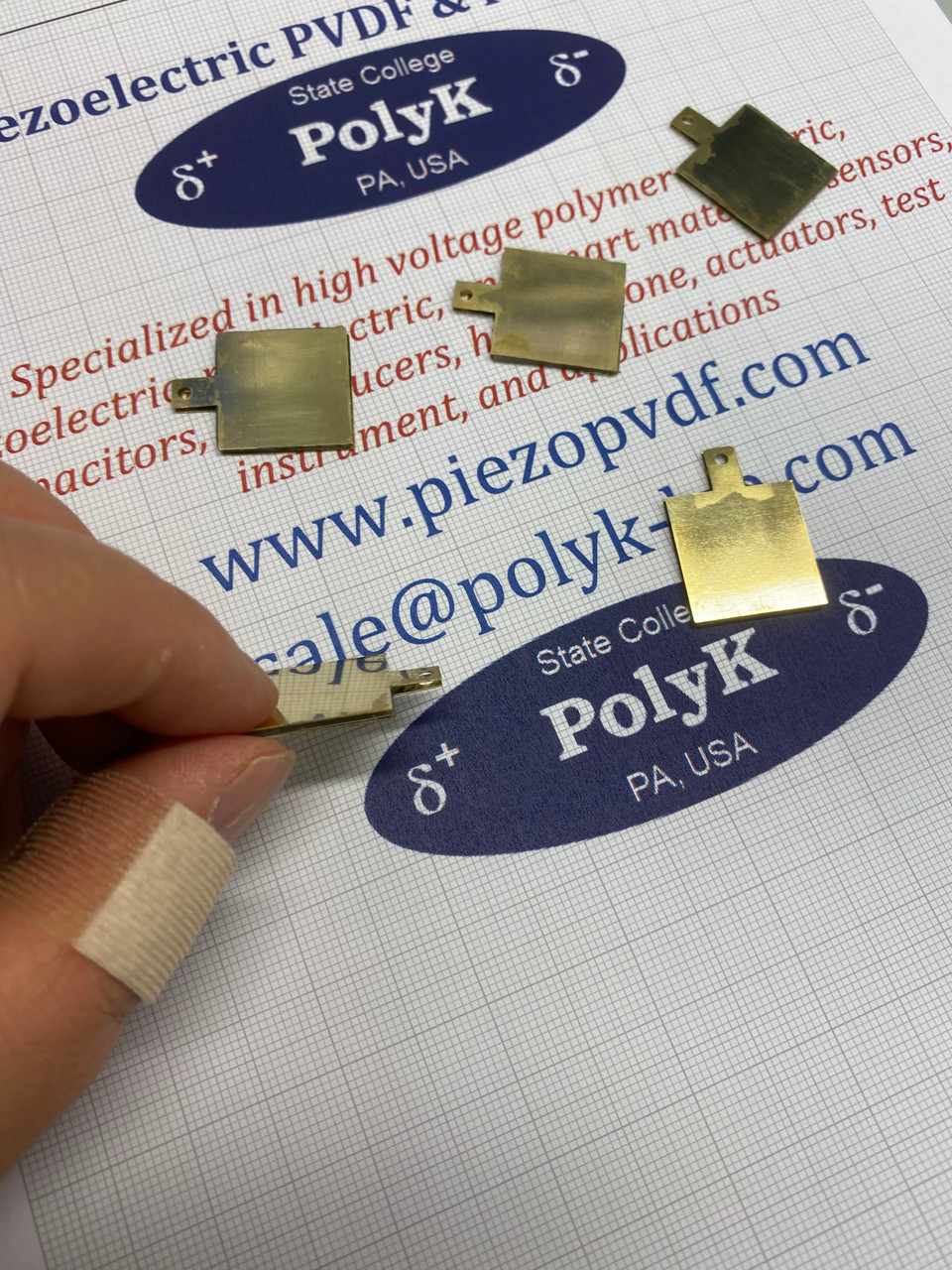 Hydrophone chicklet gum PVDF-TrFE piezoelectric sheet, 1 mm thick, brass electrodes