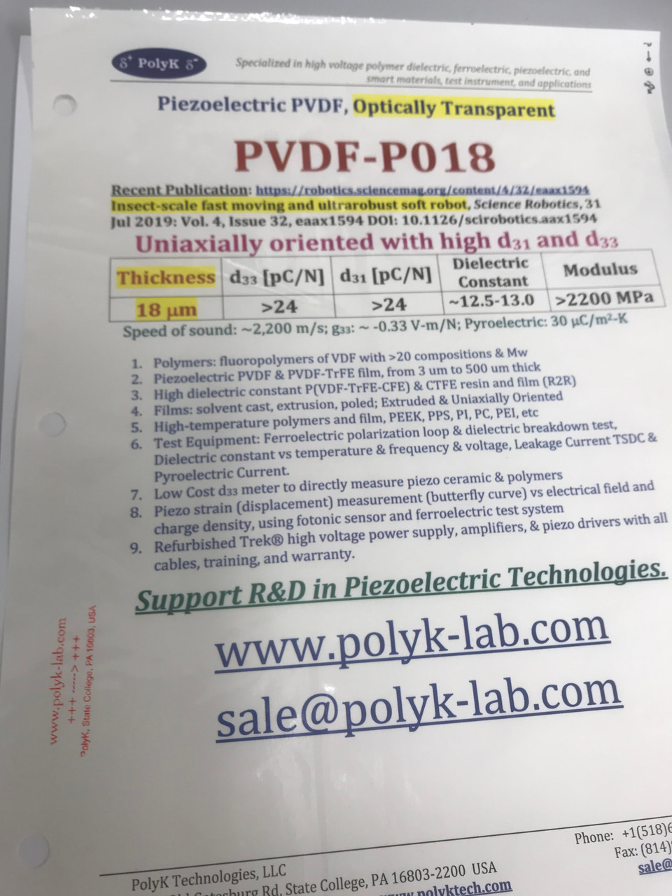 Piezoelectric (Poled) PVDF Film 7 um to 200 um Thick. Uniaxially Oriented with High d31 and d33