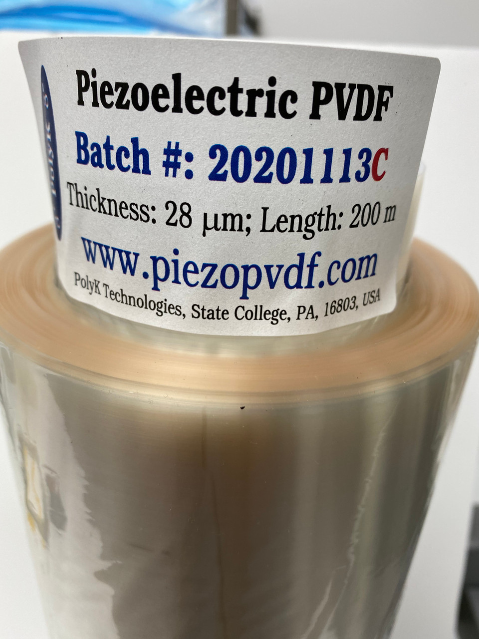 PVDF poled piezoelectric film, 28 um thick, small roll of 350 mm wide x 10 m long