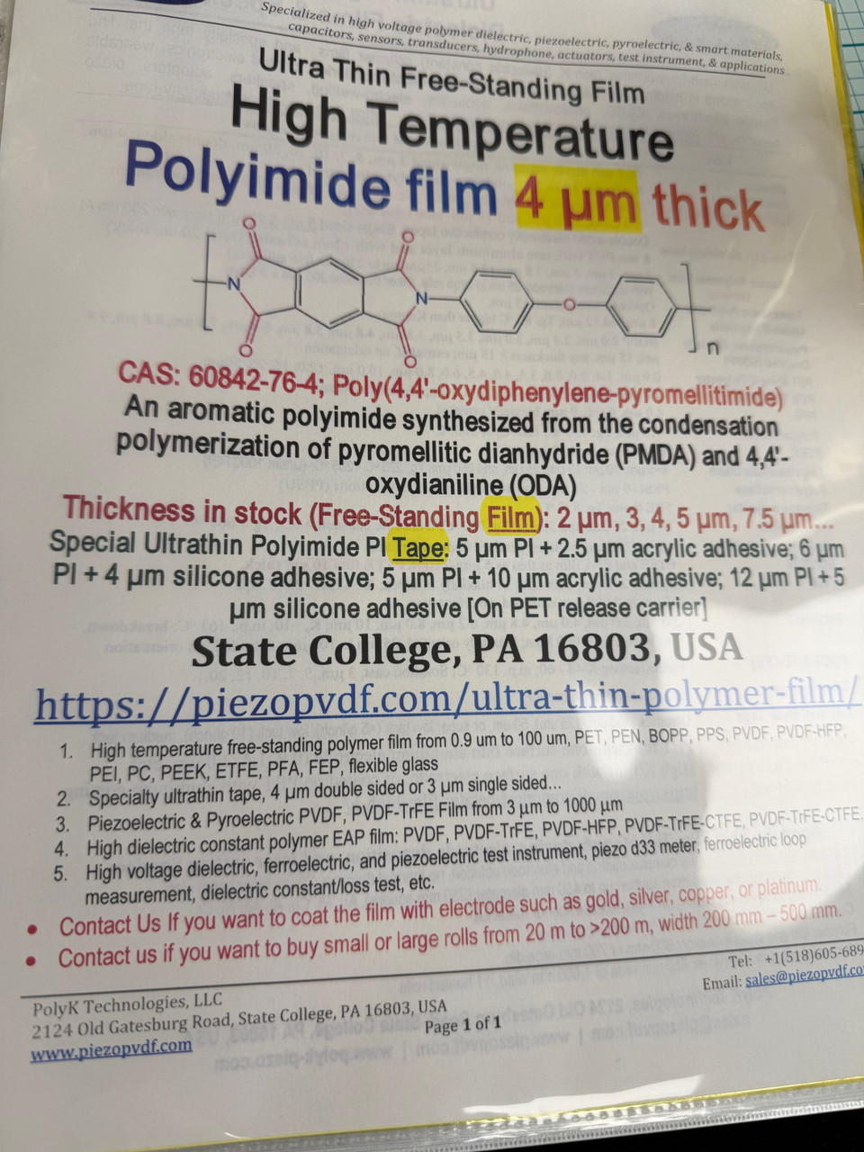 Ultrathin Free-standing  polyimide ~2 um,  ~3 um, 4 um, 5 um , or 8 um thick film