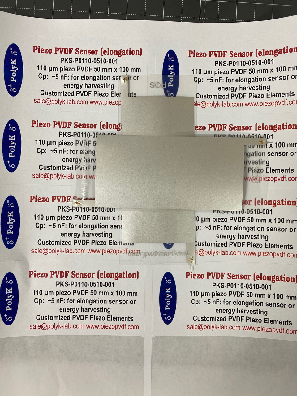 110um x 5 cm x 10 cm 5 nF Sensor for Piezo PVDF Energy Harvesting, with robust rivet wires, Mechanical Energy to Electrical Energy