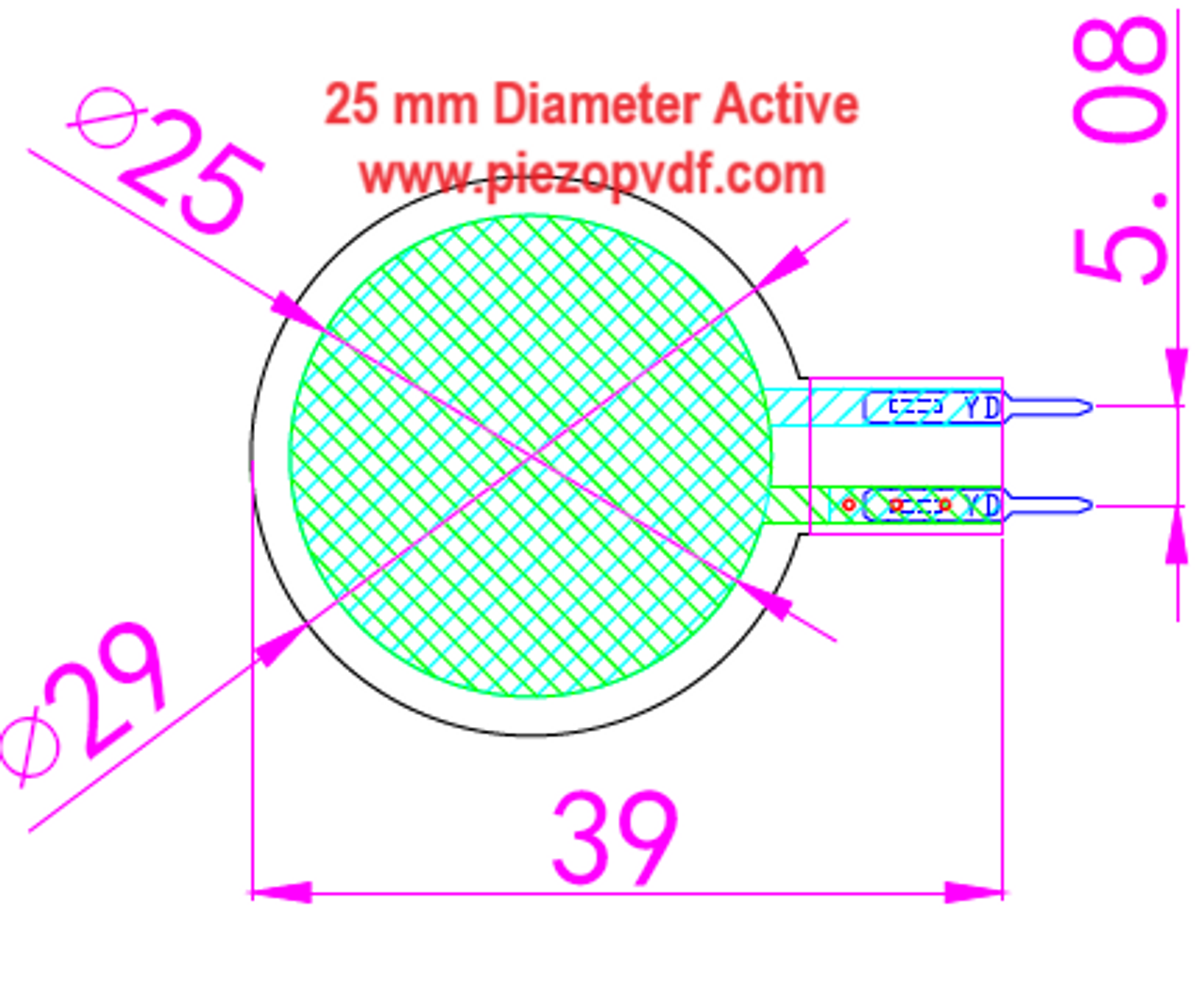 Circular piezo PVDF sensor, with wires, screen printed thick Ag electrode