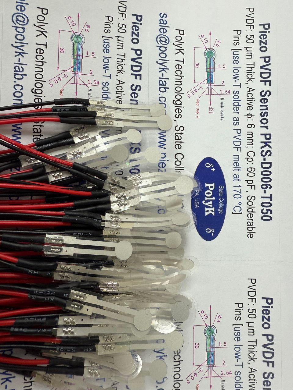 Circular piezo PVDF sensor, with wires, screen printed thick Ag electrode