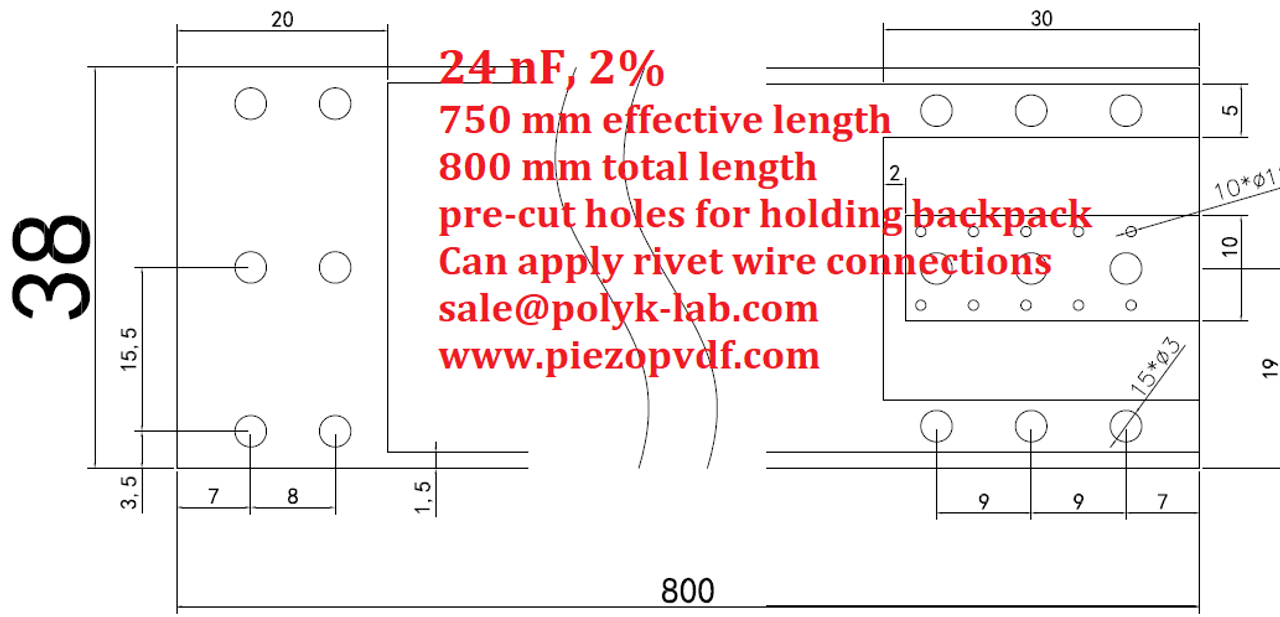 Backpack Energy Harvesting: Piezo PVDF 38 mm wide and 800 mm long with electrical connections and backpack connectors, 24 nF