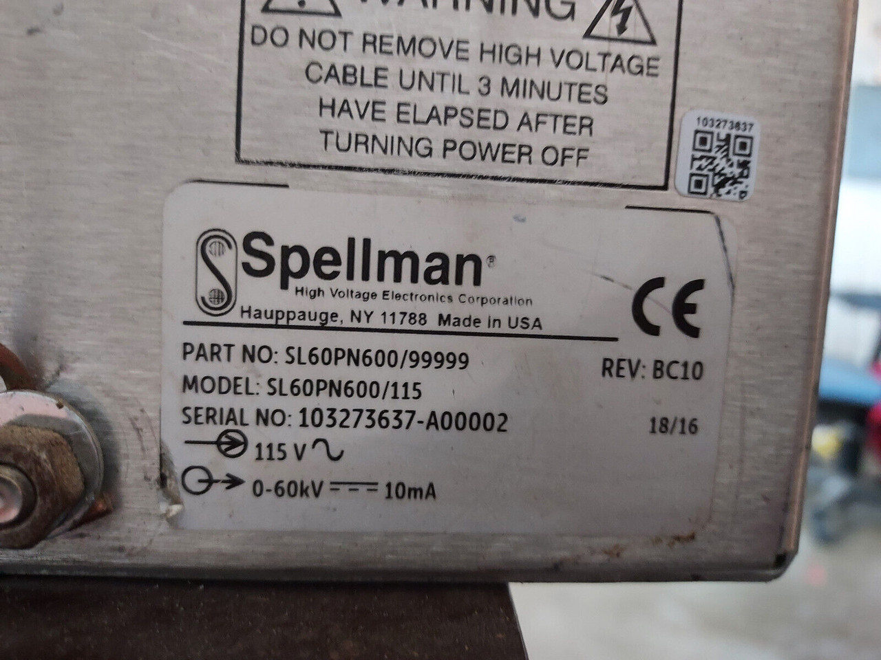 Spellman Precision High Voltage Power Supply SL60PN600 +60 kV, 10 mA, With Cables and Manual