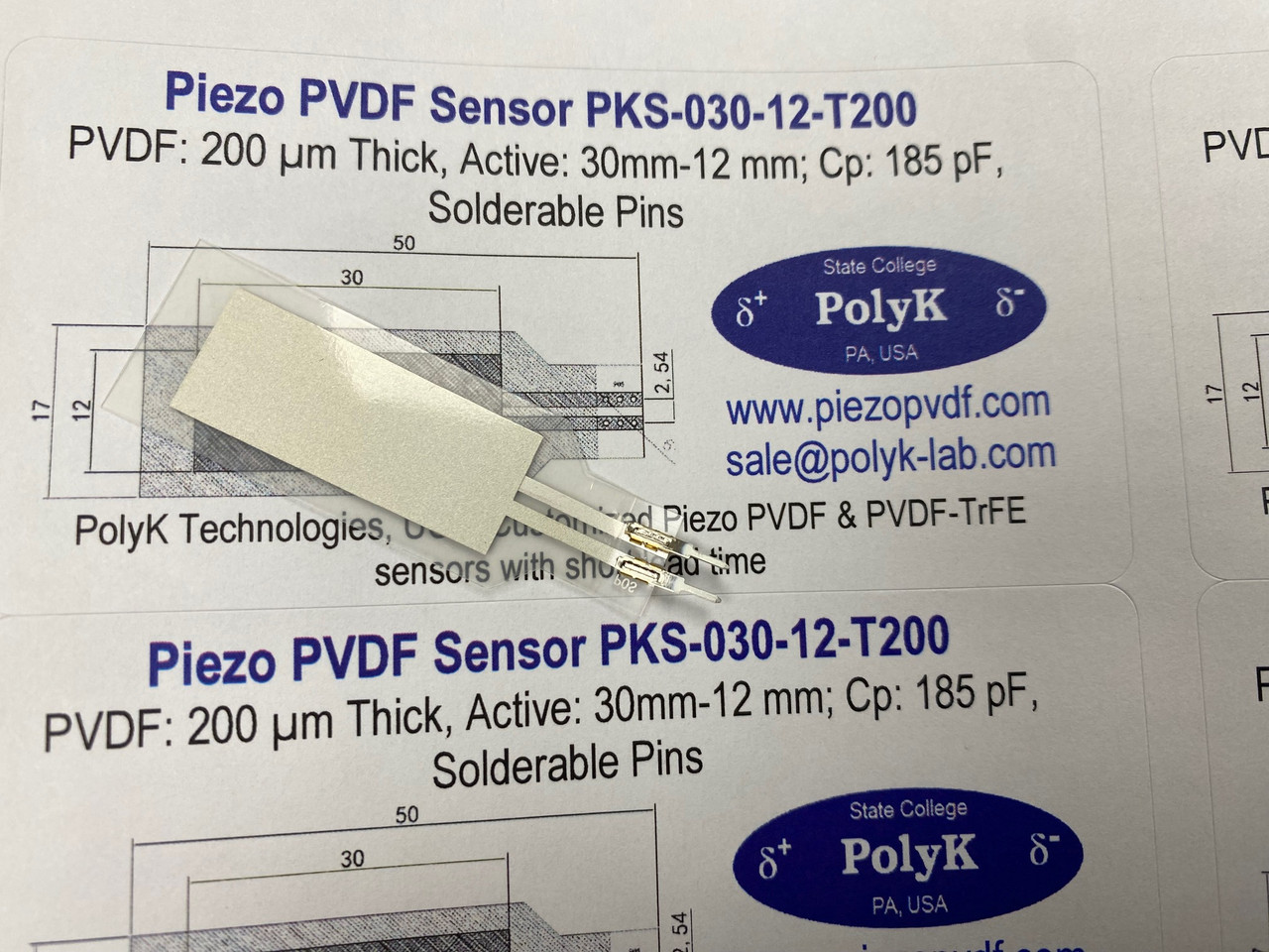 iezo PVDF Sensor 200um thick x 1.2 cm x 3 cm 185 pF for vibration