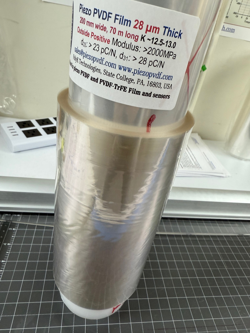 PVDF poled piezo film, 50 um thick, short roll of 220 mm wide x 10 m  long