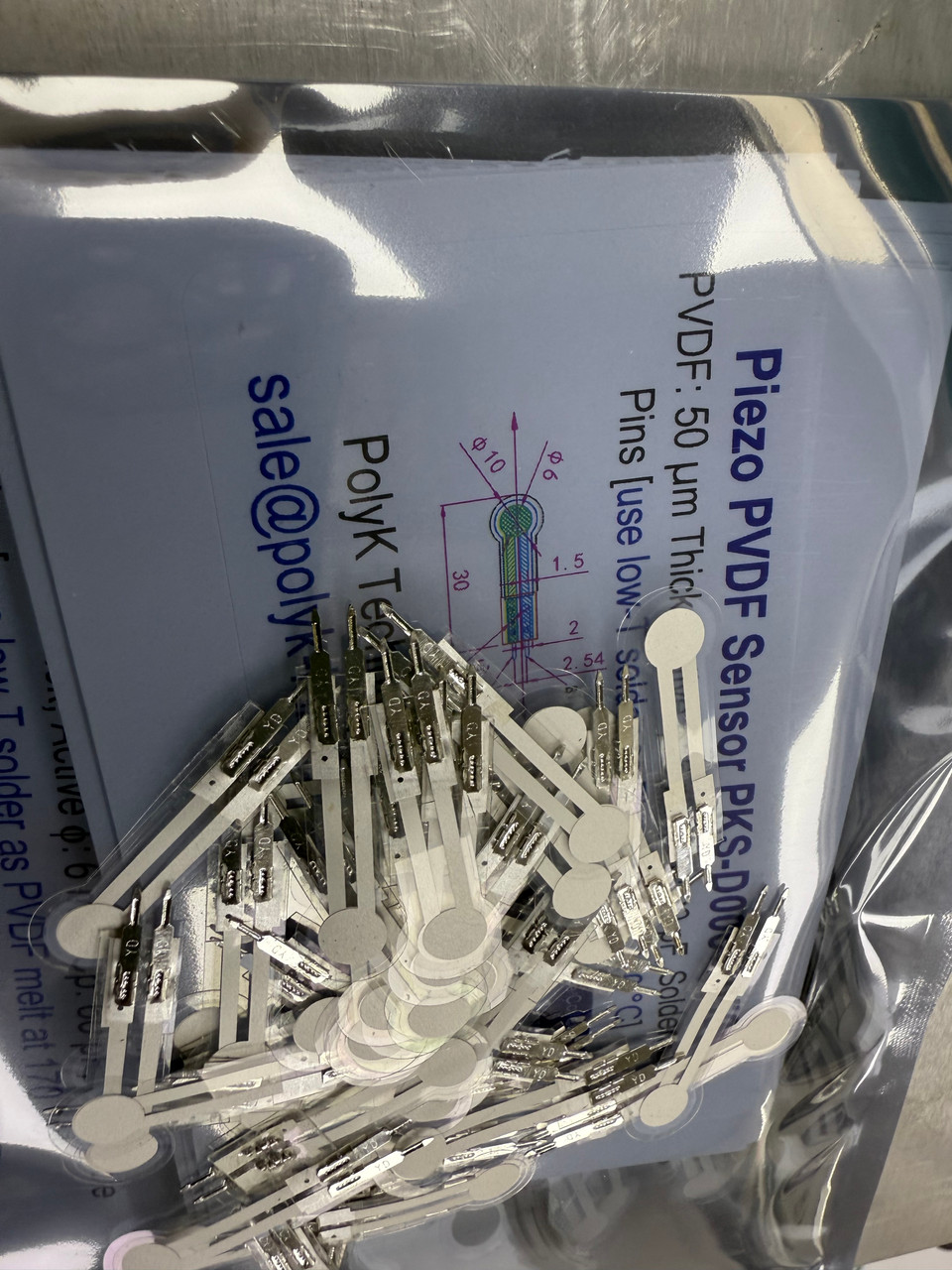 Circular piezo PVDF sensor, screen printed thick Ag electrode, made with 50 um thick piezo PVDF