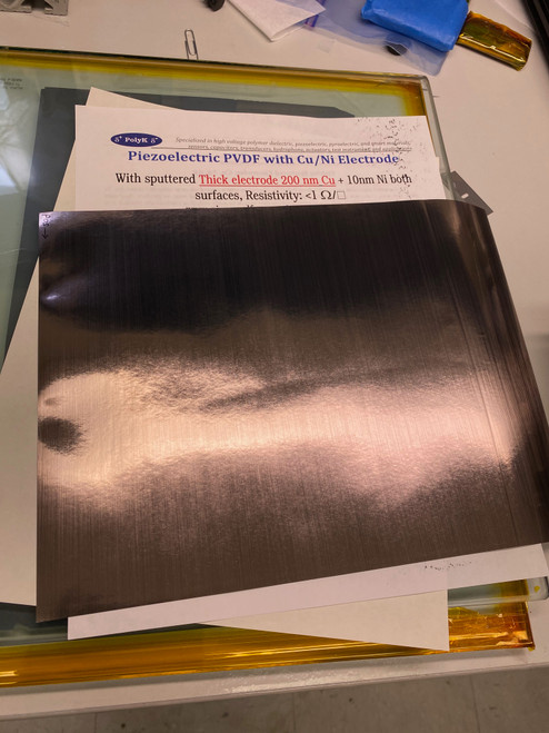 Metallized piezo sheet PVDF film, 110 um, 120um, 50 um, 45 um or 28 um thick, sputtered Cu/Ni Electrode Metallized piezo sheet PVDF film, 110 um, 120um, 50 um, 45 um or 28 um thick, sputtered Cu/Ni Electrode