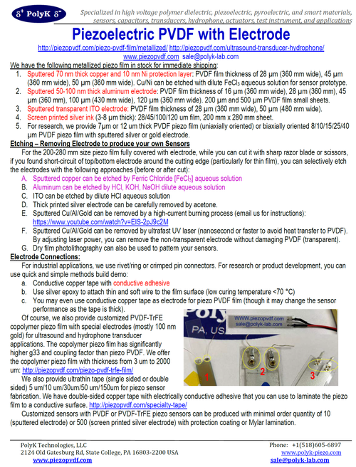 Piezo sheet PVDF film with 100 nm thick Aluminum Electrode, 8 um to 200 um