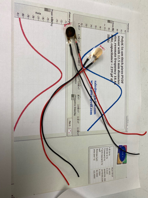 Circular piezo PVDF sensor, with wires, thin gold electrode 12.5 mm or 25 mm diameter