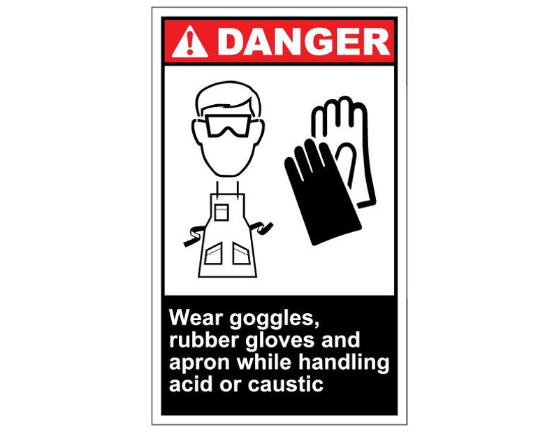 ANSI Danger Wear Goggles, Rubber Gloves And Apron When Handling Acid Or Caustic