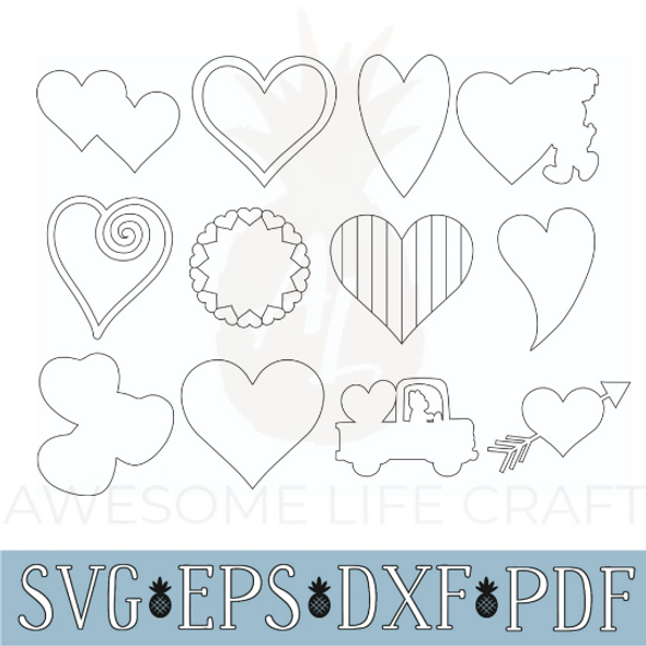 SVG Heart Bundle Shape Files, 12 Instant Downloadable Files