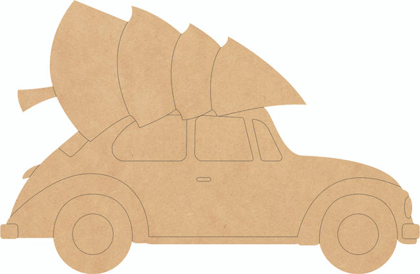 Christmas Car with Tree Wood Craft Cutout, Unfinished MDF Shape