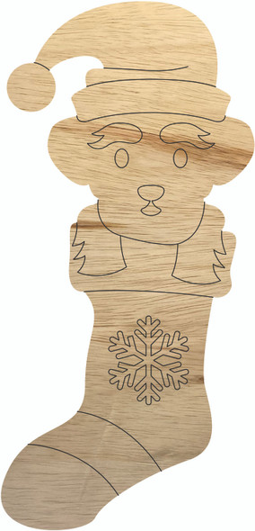 Puppy in Stocking Wood Cutout, Unfinished Christmas Craft