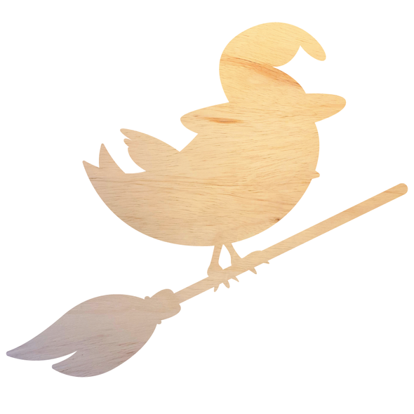 Wood Bird on Witch Broom Cutout, Halloween Wooden DIY Craft