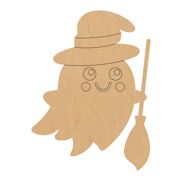 Ghost with Broom Wood Shape, Unfinished Halloween Ghost