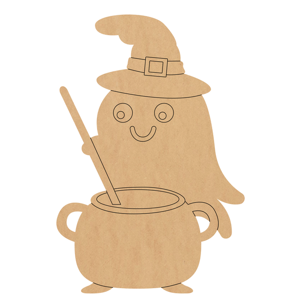 Ghost with Cauldron Wood Shape, Halloween Ghost Pot Cutout