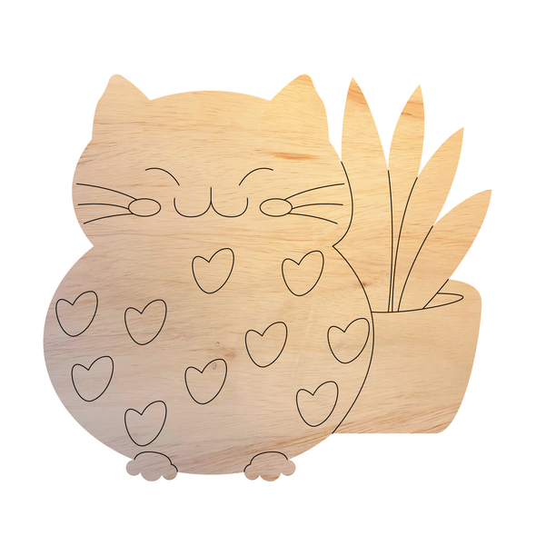 Valentine Cat and Plant Wood Shape, Unfinished MDF Cat Cutout