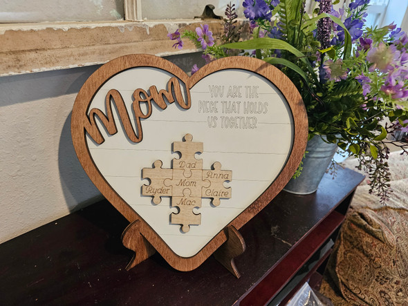 Personalized Mother's Heart Frame | Wood Puzzle Pieces with Names | Layered Rustic Holiday Gift