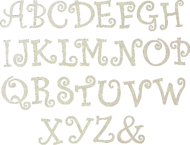 Unfinished wood letter curlz font whole alphabet