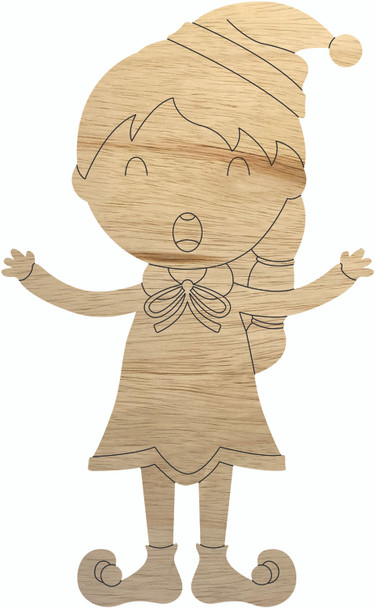 Christmas Girl Elf Craft Cutout, Unfinished Wood Paintable Shape