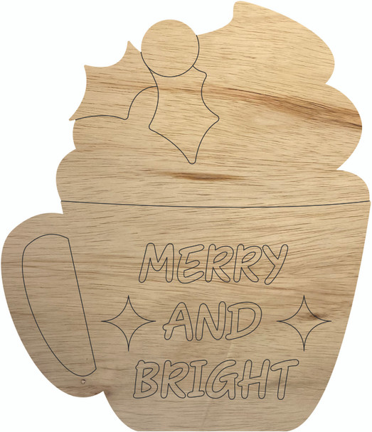 Christmas Drink Wood Shape, Merry and Bright Cup Cutout, DIY
