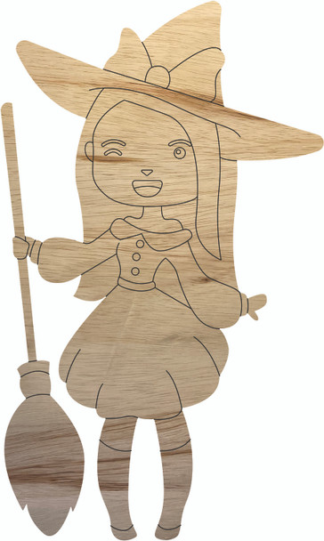 Witch with Broom Wooden Shape, Blank Halloween PBL Cutout