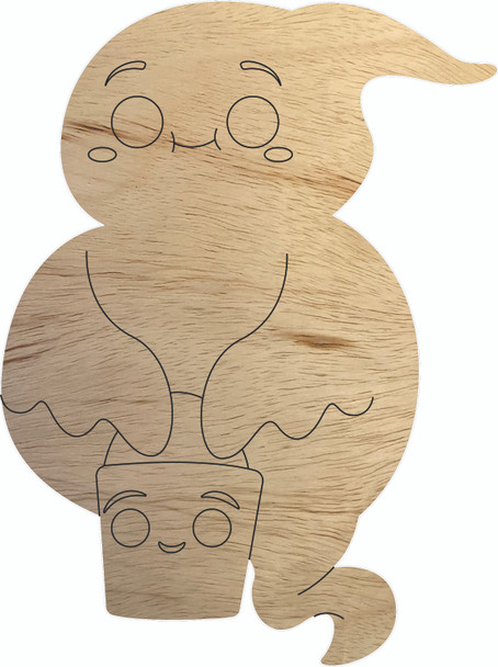 Wood Chubby Ghost Holding Candy Shape, Unfinished DIY Cutout