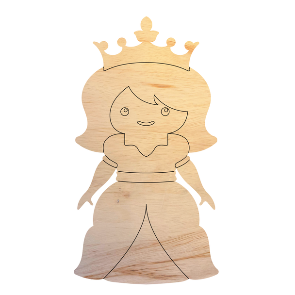 Wood Princess Girl In Dress Shape, Unfinished Crown Cutout