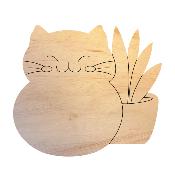 Cat and Plant Wood Shape, Unfinished Valentine Cutout