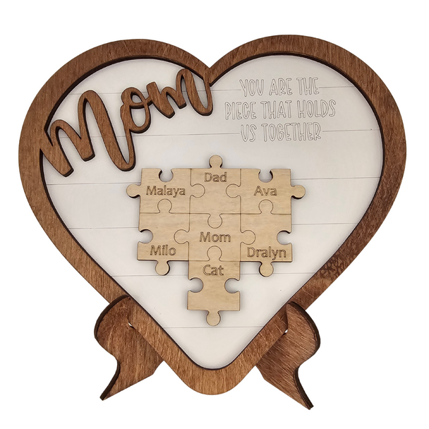 Personalized Mother's Heart Frame | Wood Puzzle Pieces with Names | Layered Rustic Holiday Gift