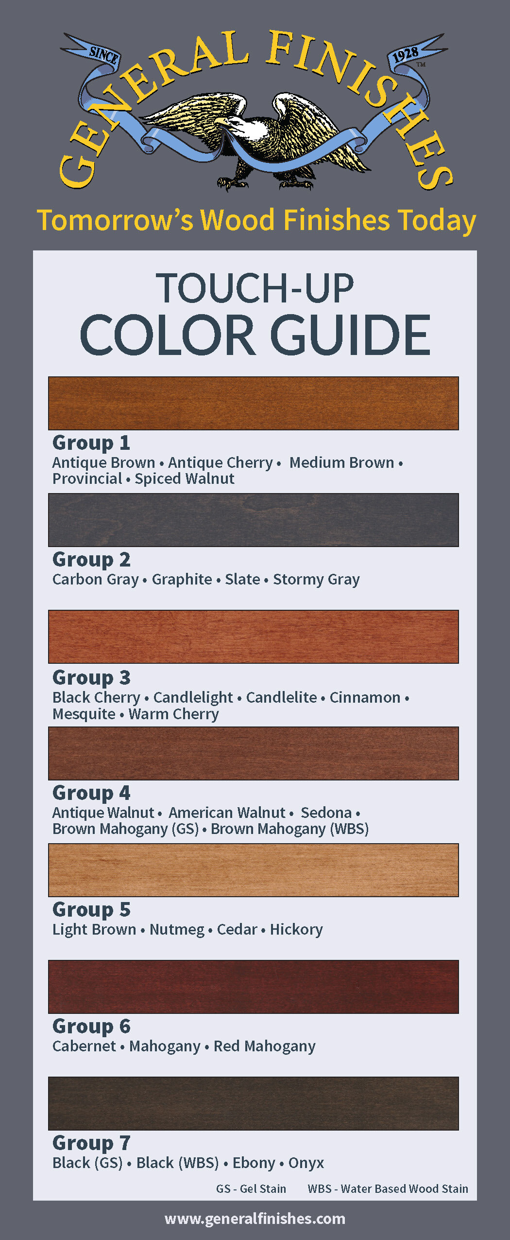 General Finishes wood stain touch-up color guide chart