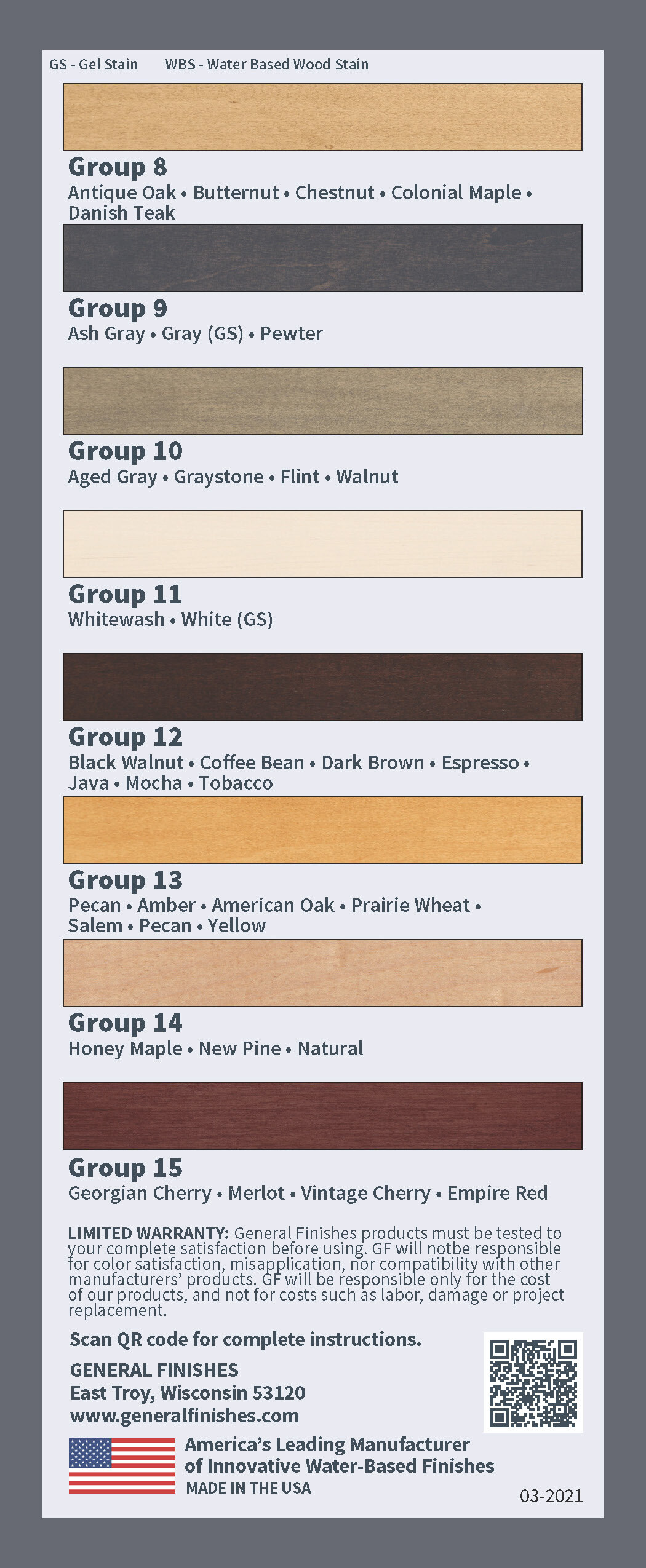 General Finishes wood stain color groups reference chart